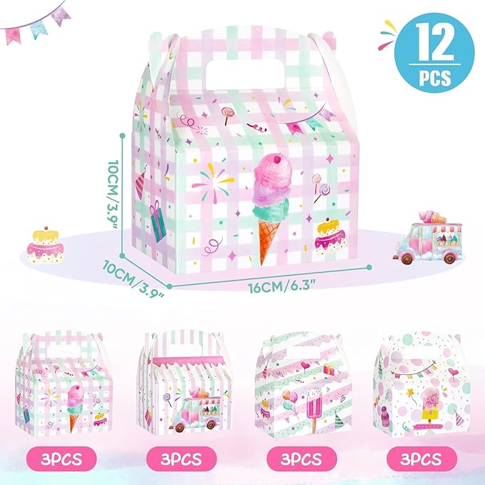 WERNNSAI 12 Pack Ice Cream Party Boxes - Ice Cream Birthday Decorations Summer Party Favor Boxes for Girls Kids Pink Purple Popsicle Candy Gift Box for Birthday Holiday Decoration