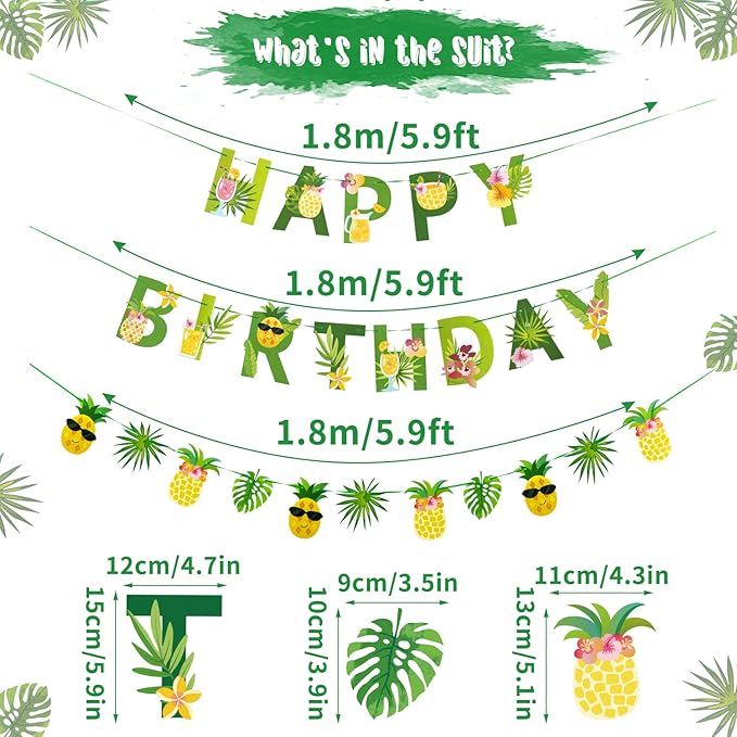 SUNBEAUTY Fruit Party Decorations Happy Birthday Pineapple Element Banner for Summer Tropical Hawaiian Aloha Parties - Colorful, Vibrant, Durable, Fun and Easy to Hang | Pre-Strung