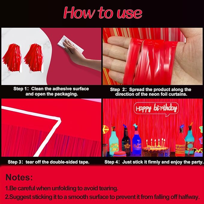 Glow in The Dark Party Supplies 2 Pack Neon Party Decorations Fluorescent Tinsel Foil Fringe Curtains Photo Booth Prop Backdrop Streamer Blacklight Decorations (Neon Red)
