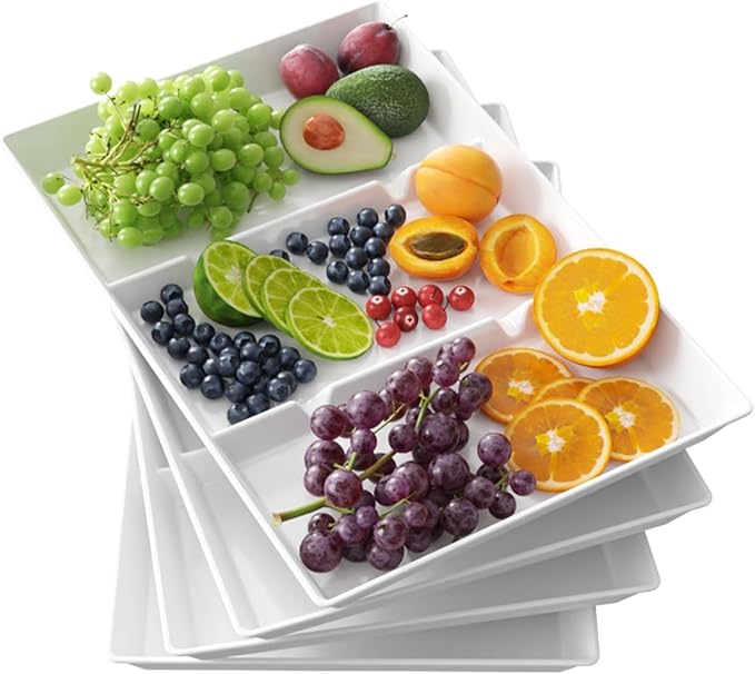 Lifewit Serving Tray Divided for Party Supplies, 4 PCS 15" x 10" Plastic Platters for Serving Food, White Reusable Tray for Veggie, Snack, Fruit, Cookies, Desserts in Kitchen/Pantry