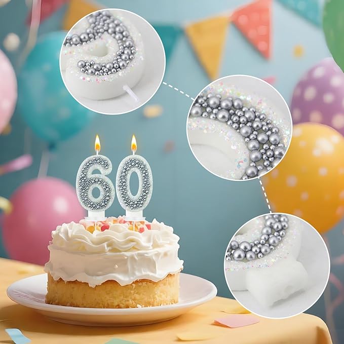 60 Birthday Number Candle for Cake, Glitter Number Candle with Silver Beads, Decorative Cake Topper for Milestone Celebrations