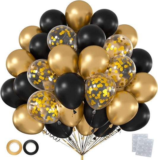 60pcs Black & Gold Balloon Kit, 12 Inch Metallic Gold & Black Gold Confetti Balloons for Graduation 2026 Men’s Milestone Birthday New Year’s Eve Party Decorations (with Ribbons & Glues)