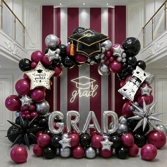 Maroon Black Silver Graduation Balloon Garland Arch Kit with Graduation Star print Certificate Letter Foil Balloons for Graduate Class of 2026 Grad Prom party Decorations Supplies