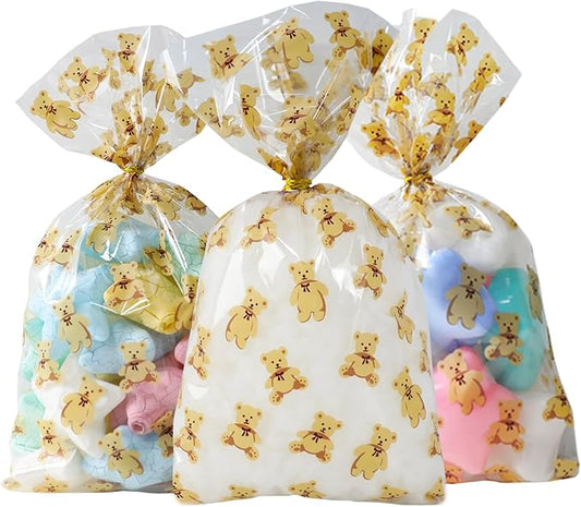 LEOSINDA100 Pcs Clear Cellophane Treat Bags 7 X 12 Inch Bear Valentine Cellophane Candy Bags with Twist Ties for Valentine's Day and Birthday Favors Gift Cookie Weddings Packing Party Favor Supplies