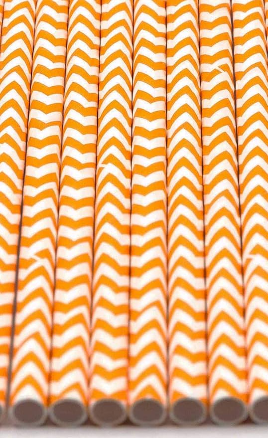 Pack of 300 Orange Chevron Biodegradable 4-Ply Paper Drinking Straws (Compostable, Non-toxic, BPA-free)
