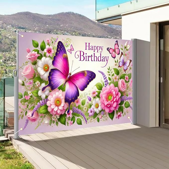 Happy Birthday Banner Elegant Butterfly and Floral Garden Design Soft Pastel Color Wall Hanging for Birthday Party Celebration Home Decoration 70.87 x 43.31 Inch