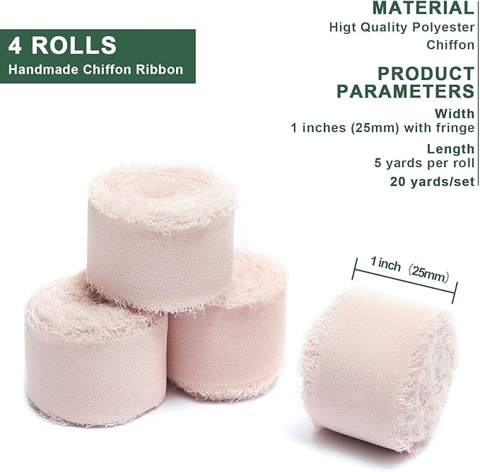 4 Rolls Blush Pink Handmade Fringe Chiffon Silk Ribbon 1" W x 5Yd Per Roll,Frayed Edges Ribbon Set for Gifts Wrapping,Wedding Invitations,Bouquets,DIY Crafts (1" x20Yd, Blush Pink)