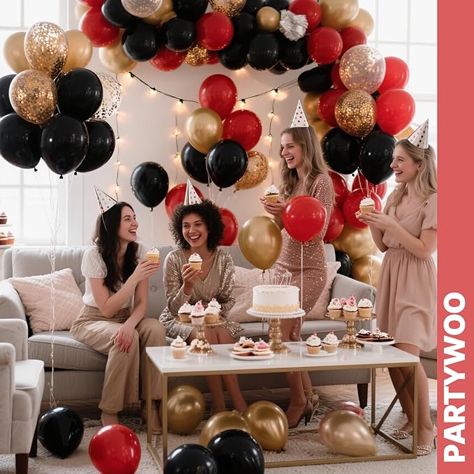 PartyWoo Red Black and Gold Balloon Arch Kit Garland 142pcs Different Sizes of 18 12 10 5 Inch Matte Black Red Metallic Gold Confetti Balloons for New Year's Eve Graduation Birthday Party Decorations