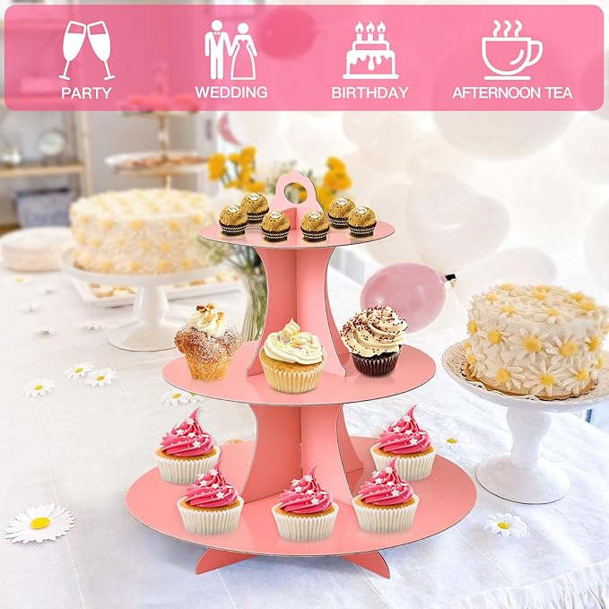Soleebee 3-Tier Round Cupcake Stand, Cardboard Cupcake Tower, Dessert Cup Cake Stand Tower for Birthday Wedding Party Decoration, Cupcake Tier Stand 2 Set (Pink)