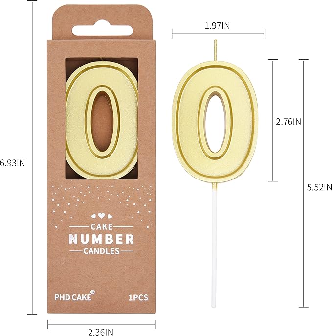 PHD CAKE 2.76 Inch Luxe Gold 0 Number Birthday Candles, Gold Number Candles, Cake Number Candles, Party Celebration