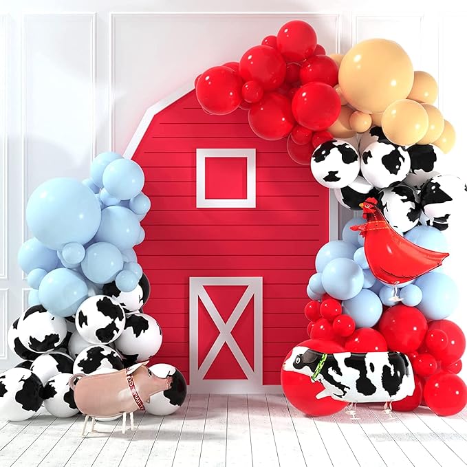 Farm Animal Theme Balloon Garland Arch Kit Red Blue White Latex Balloons Garland with Cow Print Balloons for Kid Barn Yard Farmhouse Country Western Cowboy Birthday Party Supplies Decoration