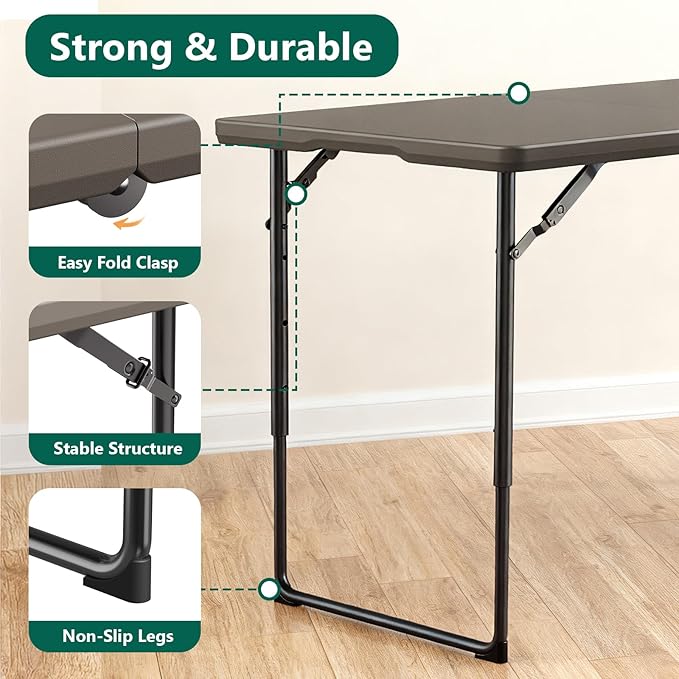 Folding Table 4FT Heavy Duty Plastic Table with Handle, Foldable&Portable, Fold-in-Half Utility Tables for Outdoor, Dining, Wedding, Events, Indoor, Picnic, Camping, Party, Khaki