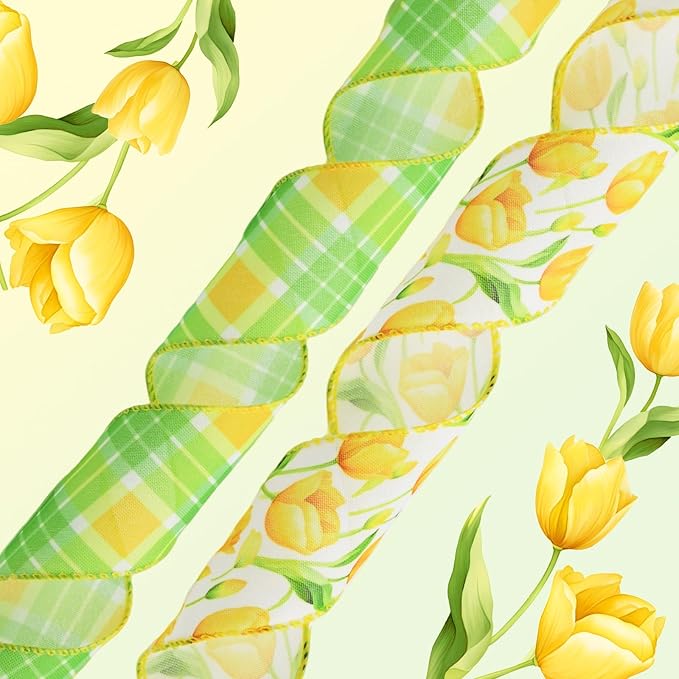 2 Rolls Yellow Tulip Wired Ribbon - 2.5 Inch Wide, 10 Yards Total, Tulip Floral Pattern, Cheerful Summer Floral Ribbon for Wedding Decor, DIY Crafts & Gift Wrapping
