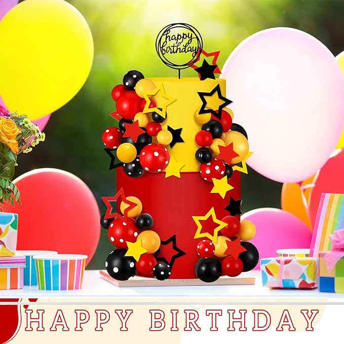 57 Pcs Black Red Yellow Ball Star Cake Topper Set Cartoon Cake Decorations with Flag DIY Insert Topper for One Two Years Happy Birthday Decorations Baby Shower Party Supplies(Happy Birthday)