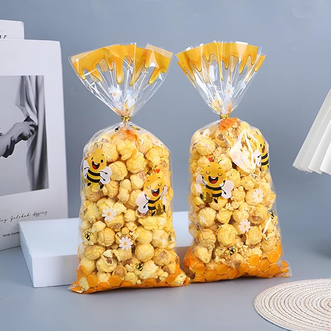 iNINGER 50 Pcs Little Bee Cellophane Treat Bags with Twist Ties, Sweets Gift Bags for Girls Children Party Favors,Small Sweet Bags for Candy,Colorful Goodie Bags for Baby Shower Birthday Decoration