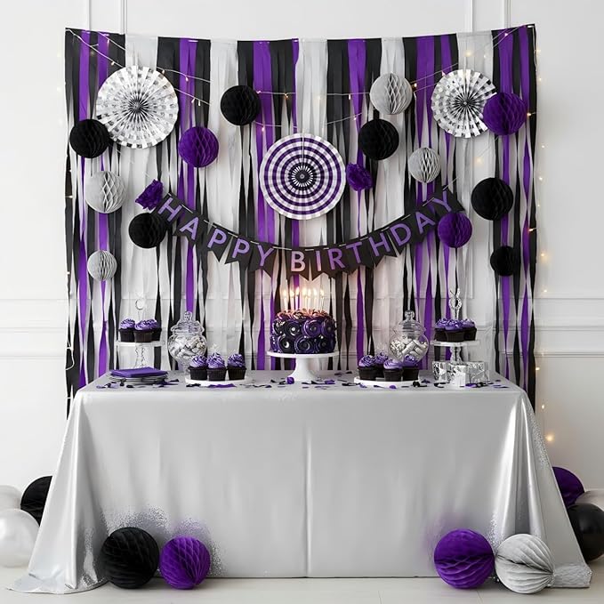 CC wonderland zone 6 Rolls Black Silver and Purple Crepe Paper Streamers for Wednesday Birthday Party Decorations