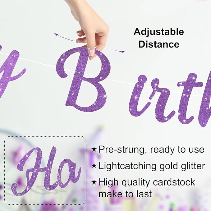 Pre-Strung Happy Birthday Banner, NO DIY Birthday Decorations with Circle Dot Garland and Butterflies, Happy Birthday Party Decorations for Women Girls (Purple)