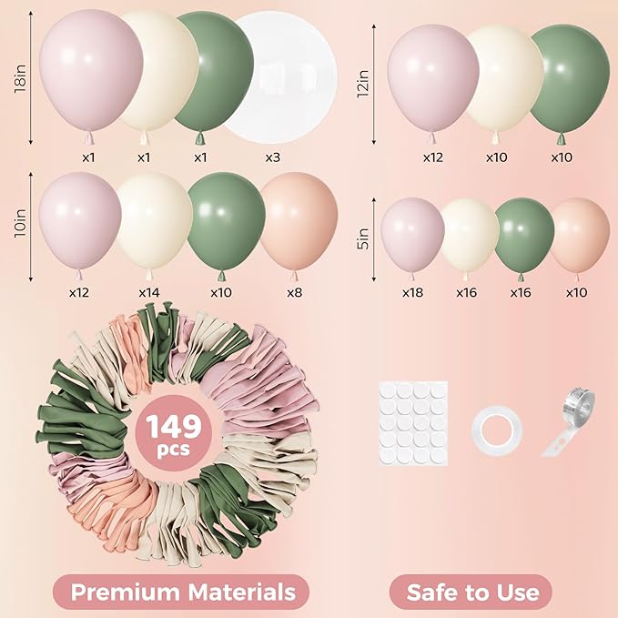 Ouddy Party 149Pcs Pink and Sage Green Sand Balloon Garland Kit Different Sizes 18 12 10 5Inch, 6Pcs 18” Clear Balloons for Baby in Bloom Baby Shower Wedding Birthday Gender Reveal Party Decorations