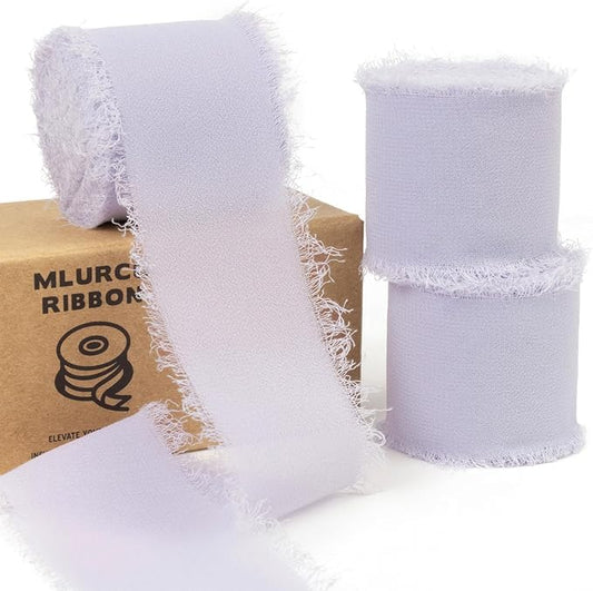 Misty Lilac Chiffon Ribbon - 1.5 Inch x 21 Yards, Boho Frayed Fringe Silk Ribbon for Gift Wrapping, Wedding Invitations, Bridal Flower Bouquets