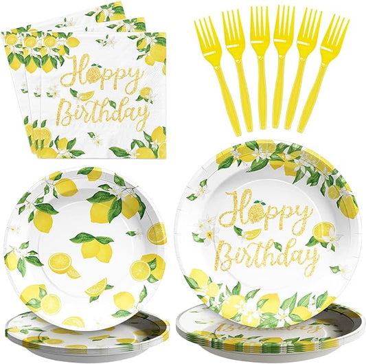 96PCS Lemon Birthday Party Decorations Freshly Graduated Lemon Party Plates Disposable Yellow Lemons Paper Tableware Set for Summer Lemonade Theme Birthday Lemons Baby Shower Fruit Themed Serves 24
