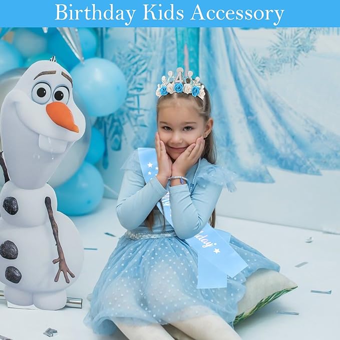CUBACO 4th Birthday Crown Headband and Sash, 4 Year Old Girl Birthday Gifts for Blue Princess Crown, Frozen Party Decorations Favors for Girls Outfit