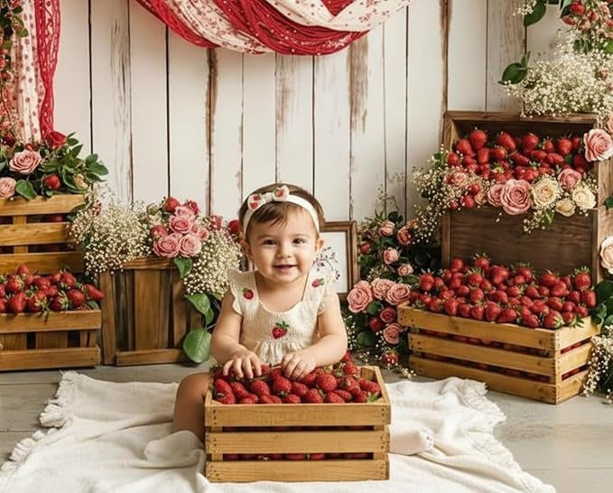 Kate 7x5ft Vintage Strawberry Garden Photography Backdrops Red Berries Pink Flowers Rustic White Wood Farmhouse Background Baby Shower Birthday Party Backdrop Video