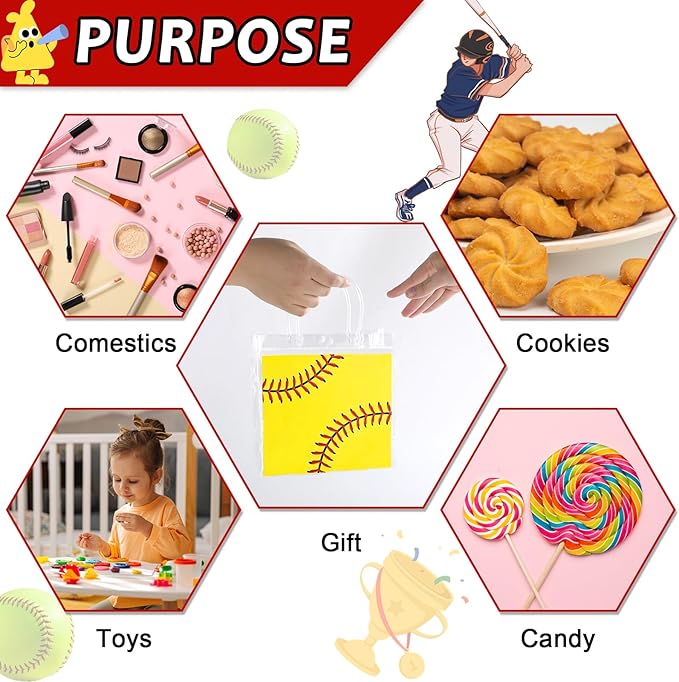 24Pcs Softball Clear PVC Gift Bags with Handles Bulk 8 x 8 x 3In Sport Theme Goodie Treat Candy Bags Softball Team Present Wrap Tote Bag for Boys Birthday Party Favor Baby Shower Decors Supplies