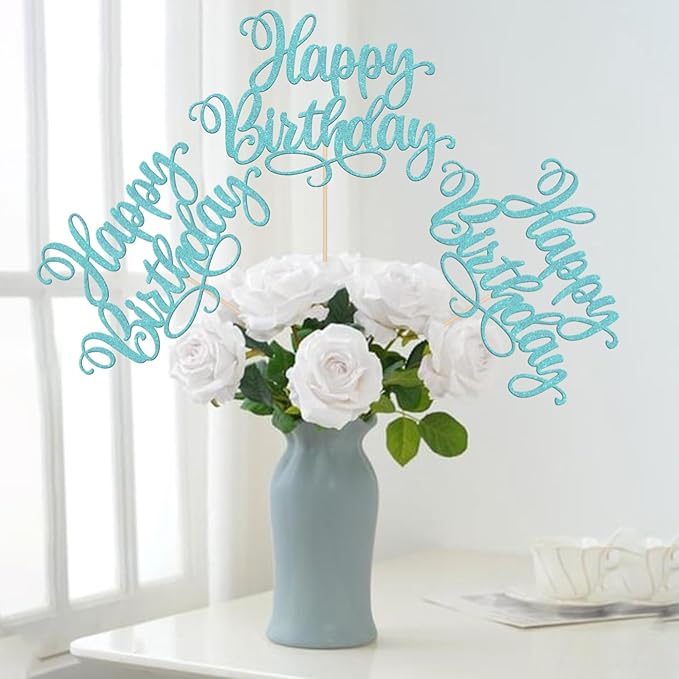 12 PCS Happy Birthday Centerpieces Sticks Double Sided Glitter Birthday Party Decorations Anniversary Table Flower Centerpiece for Celebrating Birthday Party Centerpieces Supplies Light Blue