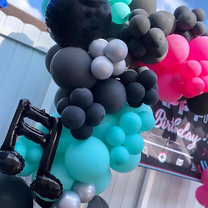 Paready Disco Music Party Balloons, 30 Pcs 12 Inch Hot Pink Black Blue and White Latex Balloons with Ribbons for 80s 90s Disco Music Party Hip Hop Theme Party Birthday DJ Short Video Party Decoration