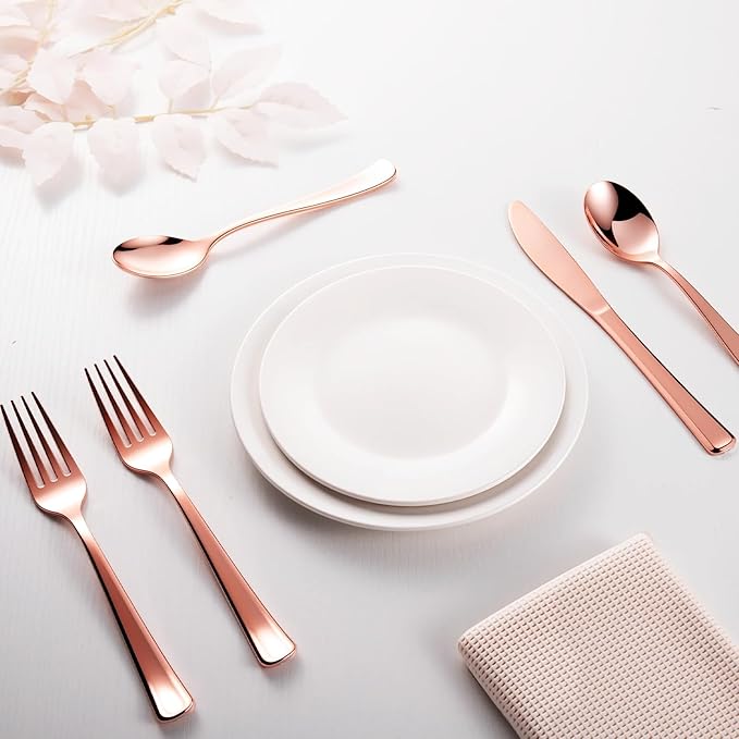 144 Pack Rose Gold Premium Heavy Duty Plastic Silverware, 48 Forks, 48 Knives, 48 Spoons, Perfect for Valentine's Day, Parties, Dinners, Weddings, BPA-Free, Disposable Plastic Cutlery Set Utensils Set