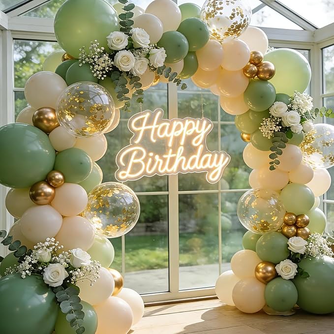 Sage Green Balloons Arch Kit， Olive Green Sand White Metallic Gold Confetti Balloons for Birthday Bridal Shower Engagement Baby Shower Party Decorations