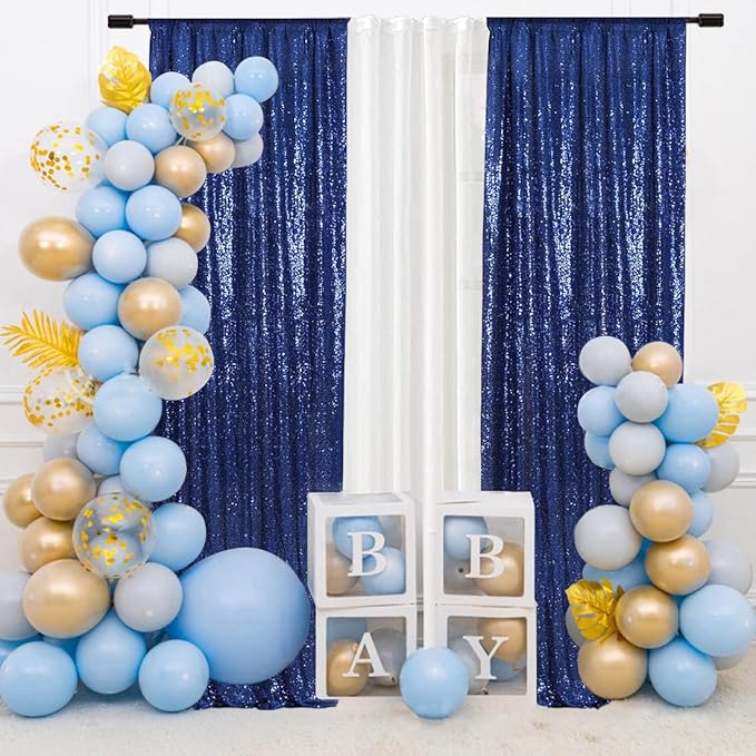 SquarePie 2 PCS 2x8ft Navy Blue Sequin Backdrop Curtains, Satin-Backed Shimmering Photo Booth Background, 2 Panels Narrow Real Sequin Drapes with 4" Rod Pocket for Party, Baby Shower, Doorway Decor