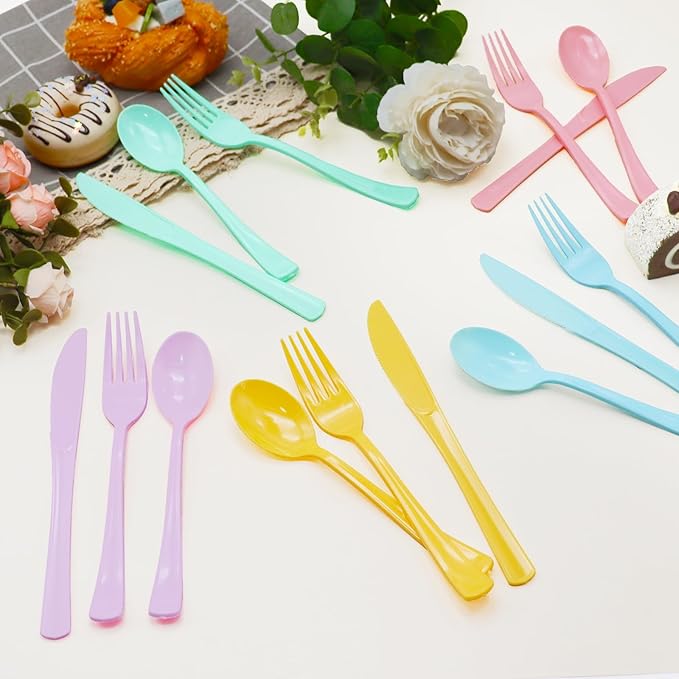 150 Pcs Pastel Plastic Silverware Heavy Duty Iridescent Utensils Plastic Pastel Silverware Disposable Includes 50 Forks 50 Knives 50 Spoons for Easter, Birthday, Baby Shower, Garden Party, Wedding
