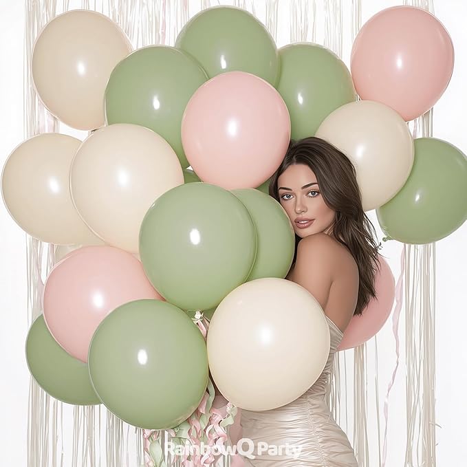 Pink and Green Balloons 12 Inch 67PCS White Sage Green Balloons Latex Helium Balloon Set for Anniversary Wedding Birthday Party Decorations