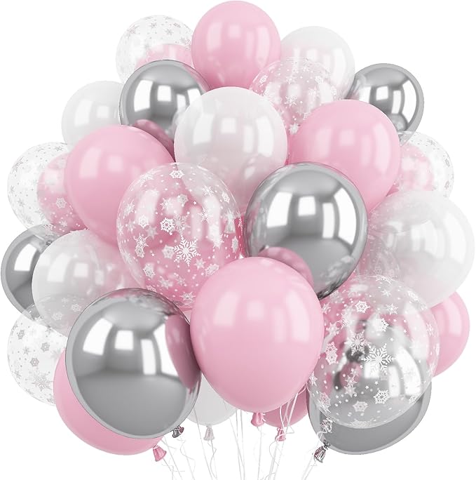 Pink and Silver Balloons, 60Pcs Winter Onederland Party Decorations, Pastel Light Pink Pearl White Metallic Silver Latex Balloon with Snowflake Balloon for Winter Wonderland Baby Shower Birthday Decor