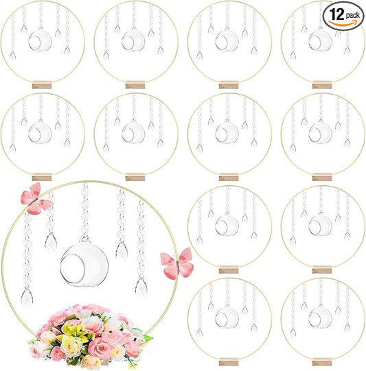 Leinuosen 12 Pack 12'' Metal Floral Hoop Centerpieces Set with Wooden Stand, Hanging Candle Holder, Acrylic Crystal Pendant Garland Crystal Garland String, for DIY Wedding Party Tabletop Decoration