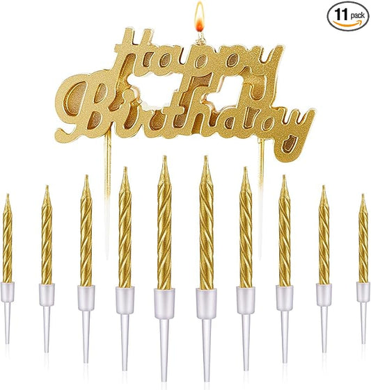 MTLEE Happy Birthday Candles Letter Cake Topper with 10 Pcs 2.95 Inch Short Thin Spiral Candles for Cake Topper Birthday Decoration Party Supplies(Gold)