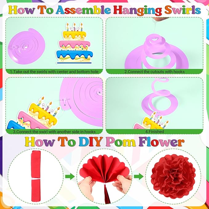 Clabby Rainbow Birthday Decorations Kit Including Colorful Happy Birthday Banner Hanging Swirls Streamers Cutouts Honeycomb Flower Balls Triangle Bunting Flag Circle Dots Confetti Garland Supplies