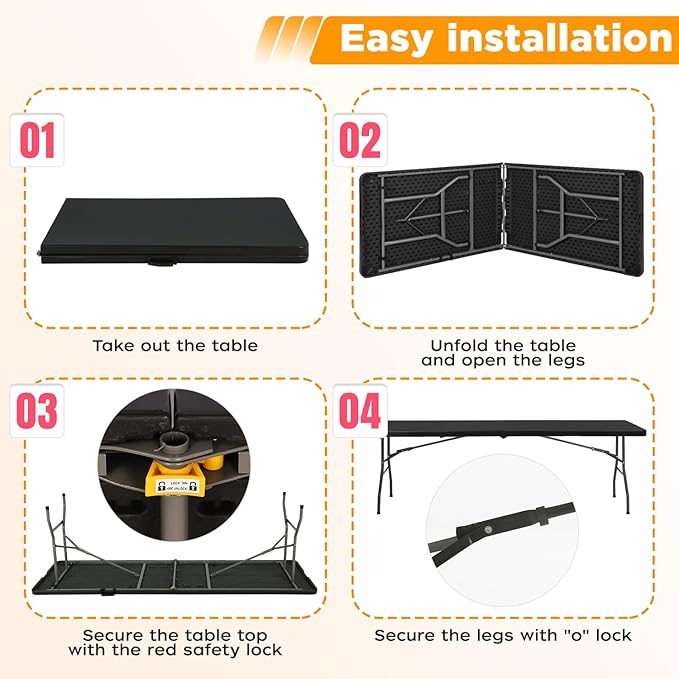 FDW 8FT Folding Table, Portable Fold-in-Half Plastic Picnic Party Table with Carrying Handle (Black, 8FT)