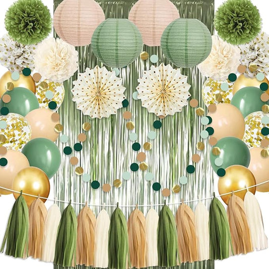 Sage Green Party Decorations Birthday Party Decorations Bridal Shower Balloons Paper Pompoms Fringe Curtain for Birthday Baby Shower Bridal Shower Supplies