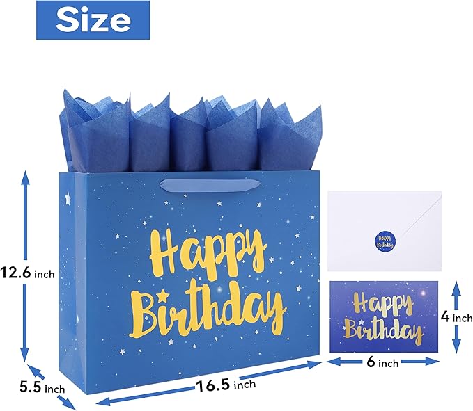 Qirrmiy 16.5” Extra Large Blue Happy Birthday Gift Bag Set with Handles, Greeting Card, Tissue Papers and Stickers for Men Boys Kids, Husband, Father, Stars Design, 1 Pcs