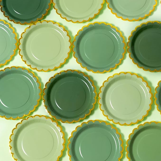 Green mix scalloped party plates with napkins and fork gold foil border, 24 Guest disposable Tableware Set Sage Green Party Decoration for Birthday Coquette Bridal Baby Shower Valentines