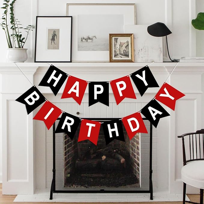 Happy Birthday Banner Birthday Party Banner NO DIY Happy Birthday Sign Pre-Strung Birthday Hanging Decoration for Women Men Girl Boy Party Supplies (Red and Black)
