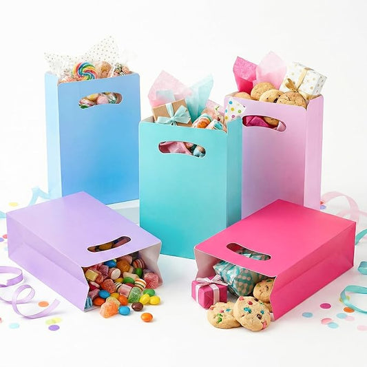 UnicoPak 15 Pack Pastel Party Favor Bags - 6x3x9" Matte Goodie Bags in 5 Assorted Colors for Birthday, Wedding, Baby Shower - Sturdy Teal Pink Purple Blue Gift Bags with Handles, Customizable for Treats & Cookies