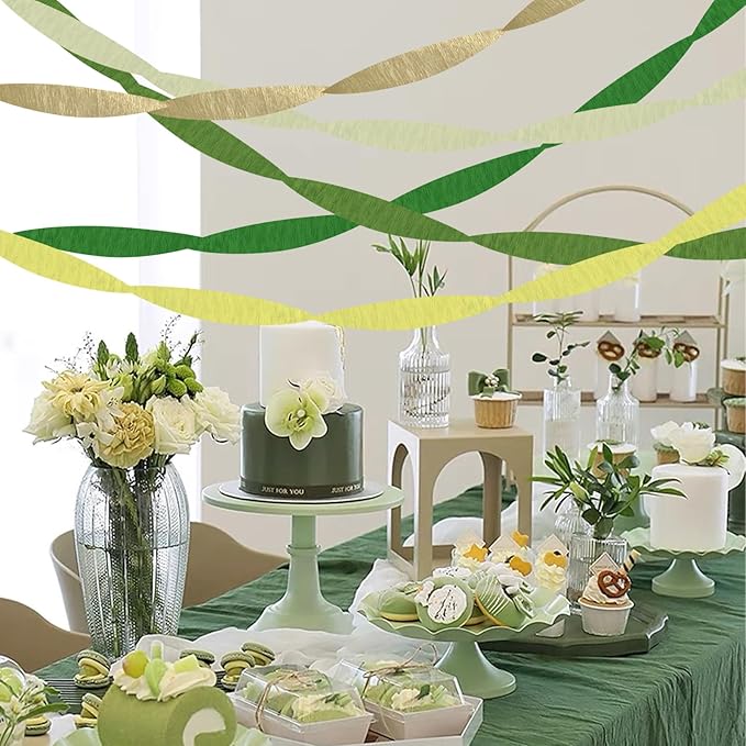 Paper Streamers,5 Rolls Green and Gold Birthday Party Decorations,Crepe Paper Streamers for Party Supplies, Birthday, Bachelorette, Baby Bridal Shower, Wedding(1.77Inch x 82Ft/Roll)