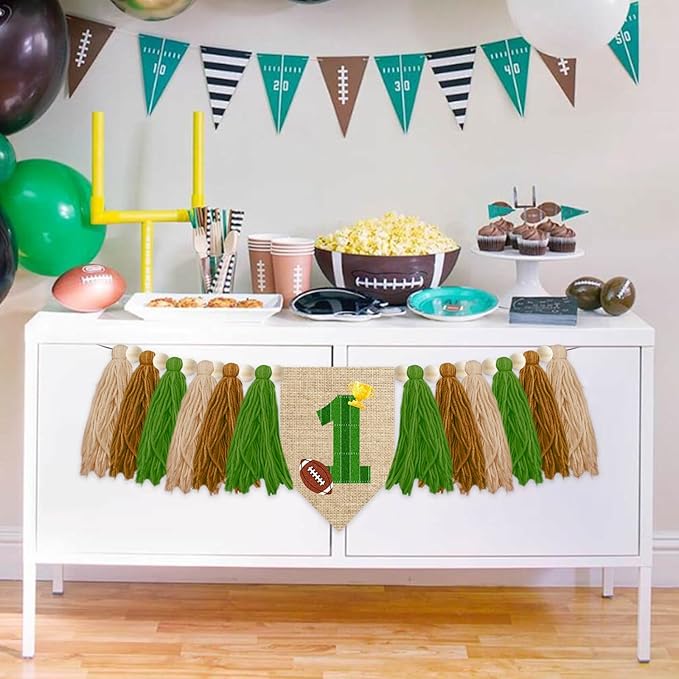 Football Theme 1st Birthday High Chair Banner Green and Brown Yarn Tassel Garland 1 Year Old Birthday Party Decoration with Football Gold Trophy Patterns and Wood Beads for Photo Booth Props