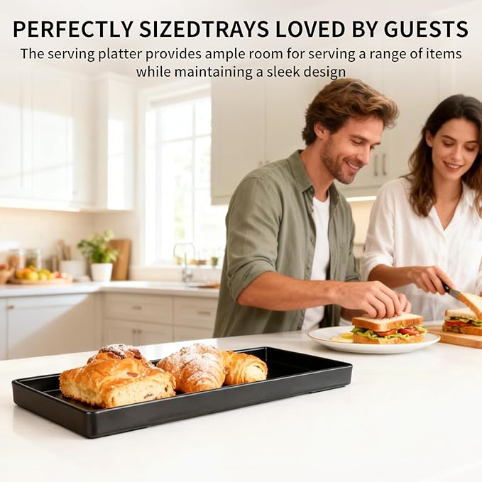 Plastic Serving Tray for Party Supplies Serving Platter for Food Reusable Platters for Catering Snack Fruit Charcuterie Appetizer Hosting Essentials (4pcs Black, 13 × 4.7 in)