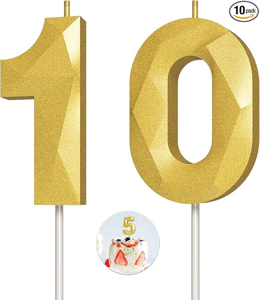 Number Birthday Candles(10 Candle Gold) 3D Diamond Shape Number Happy Birthday Cake Candles for Birthday Party Wedding Decoration Reunions Theme Party