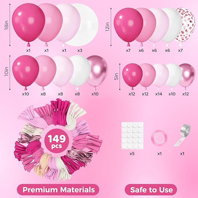 Ouddy Party 149Pcs Hot Pink White Balloon Garland Kit Different Sizes 18 12 10 5Inch, 6Pcs 18” Clear Metallic Rose Gold Confetti Balloons for Princess Baby Shower Wedding Birthday Party Decorations