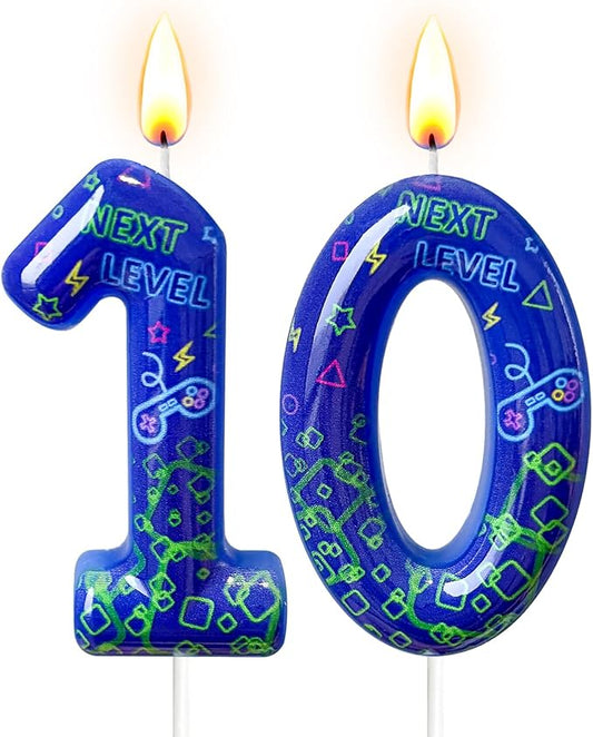 Number 10 Birthday Candle for Cake – Blue Gaming Theme Number Candle with “Next Level” Design, Video Game Style Cake Topper for Anniversary & Celebration